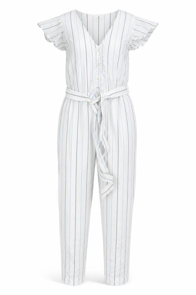 Great Plains Women White Blue Striped Belted Jumpsuit Size 8 Cotton