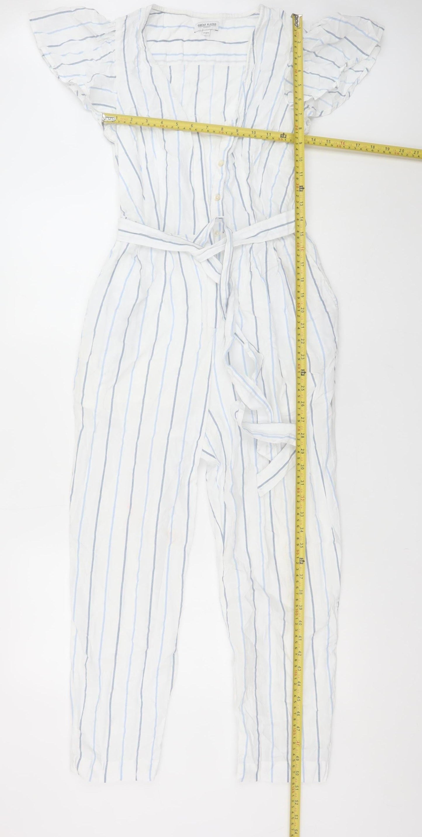 Great Plains Women White Blue Striped Belted Jumpsuit Size 8 Cotton