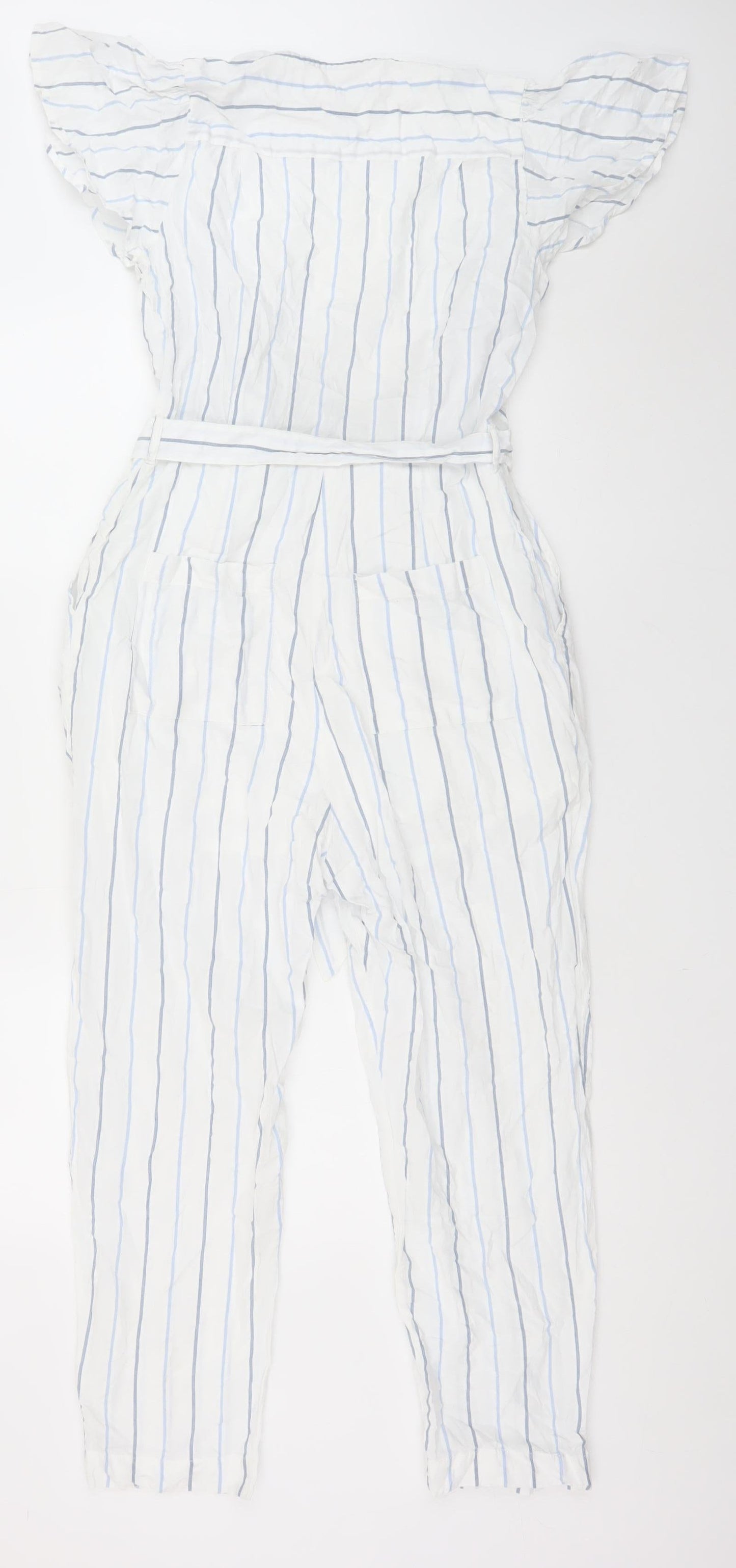 Great Plains Women White Blue Striped Belted Jumpsuit Size 8 Cotton