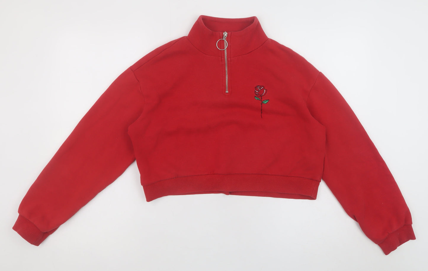 H&M Divided Women's Red Rose Embroidered 1/2 Zip Sweatshirt S