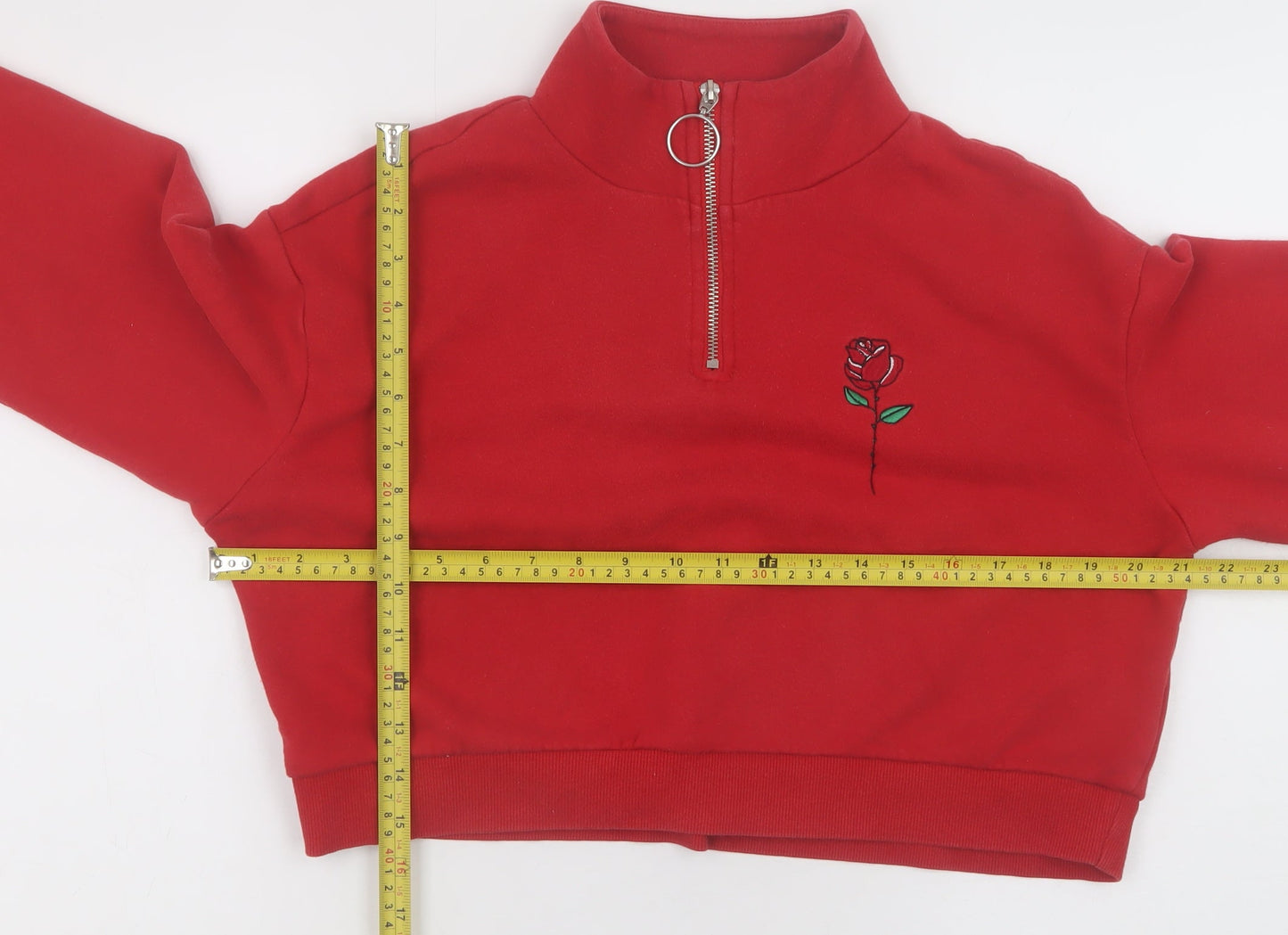 H&M Divided Women's Red Rose Embroidered 1/2 Zip Sweatshirt S
