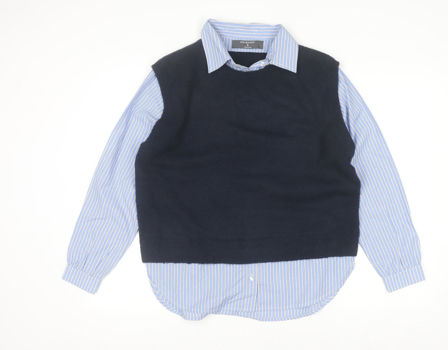 Primark Women Blue Striped Layered Collared Button-Up Shirt S