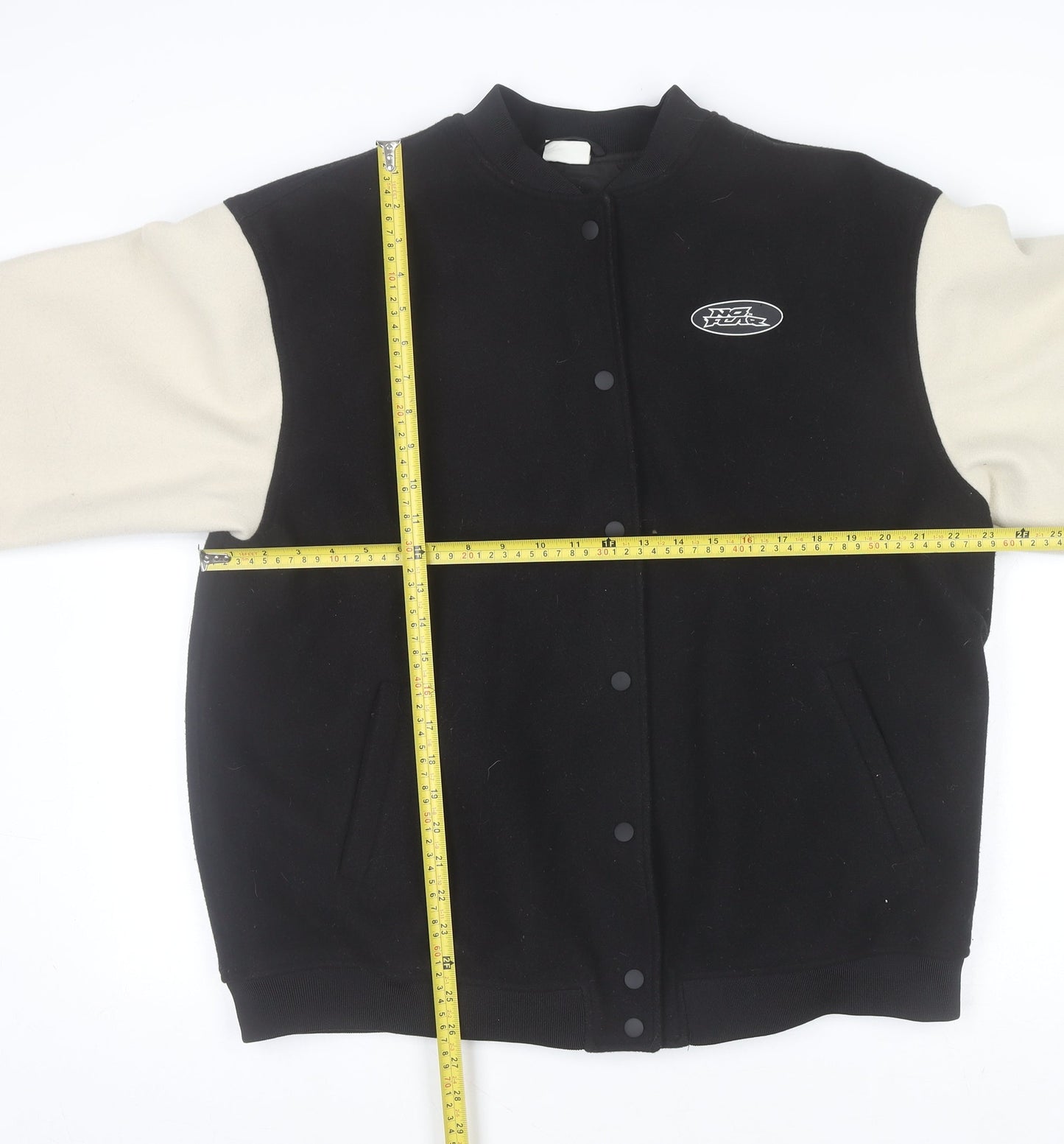 H&M x No Fear Mens Black Varsity Jacket L Collared Polyester Retro Style