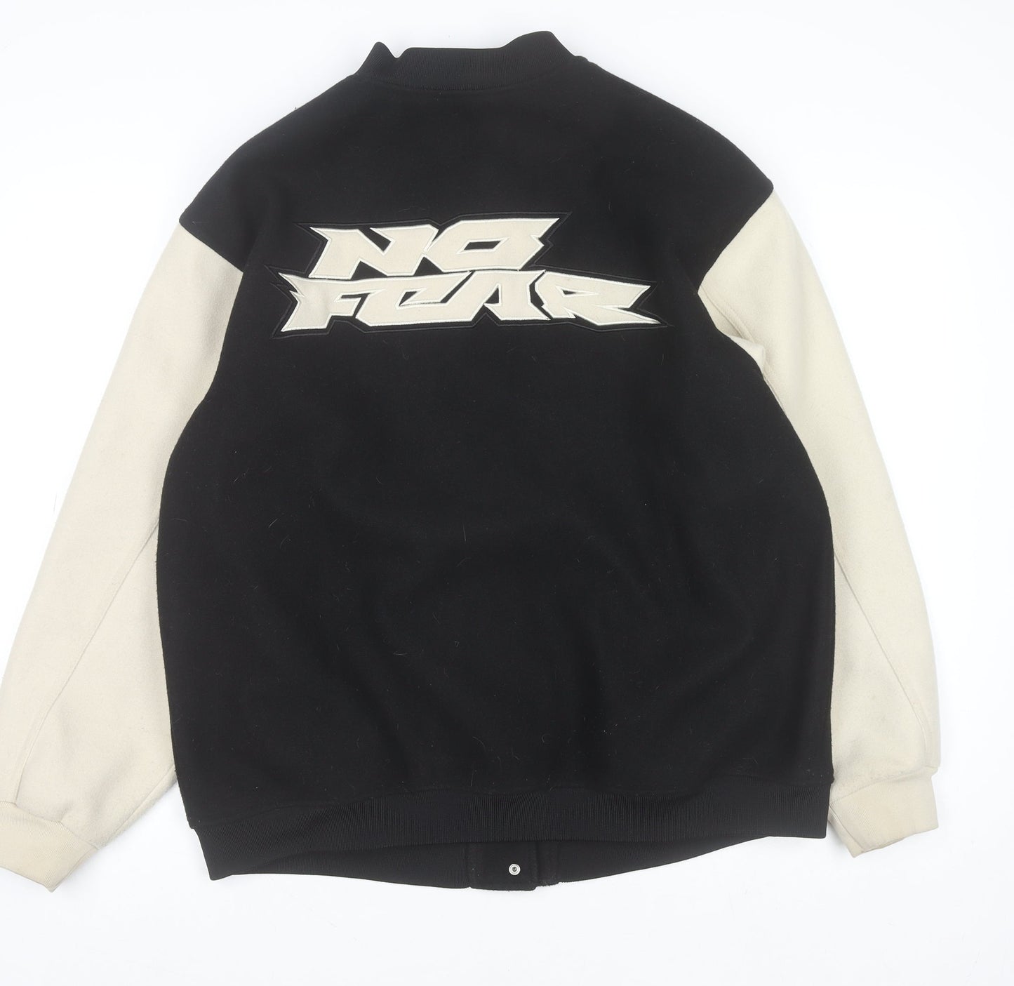 H&M x No Fear Mens Black Varsity Jacket L Collared Polyester Retro Style