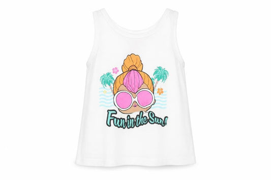 Front view of Primark girls’ white fun in the sun tank top 3-4 years summer jersey