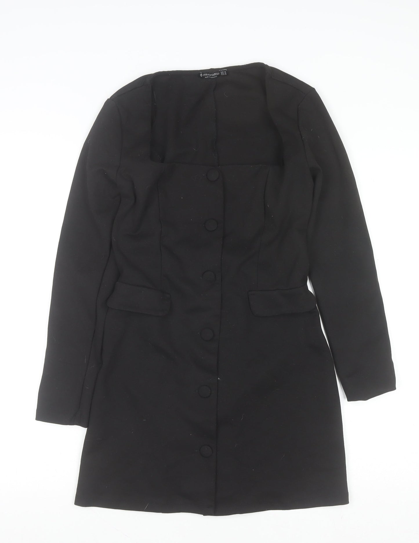 Stradivarius Women Black Shift Dress M Long Sleeve Button Workwear