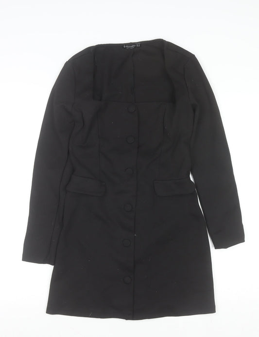 Stradivarius Women Black Shift Dress M Long Sleeve Button Workwear