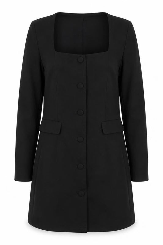 Stradivarius Women Black Shift Dress M Long Sleeve Button Workwear