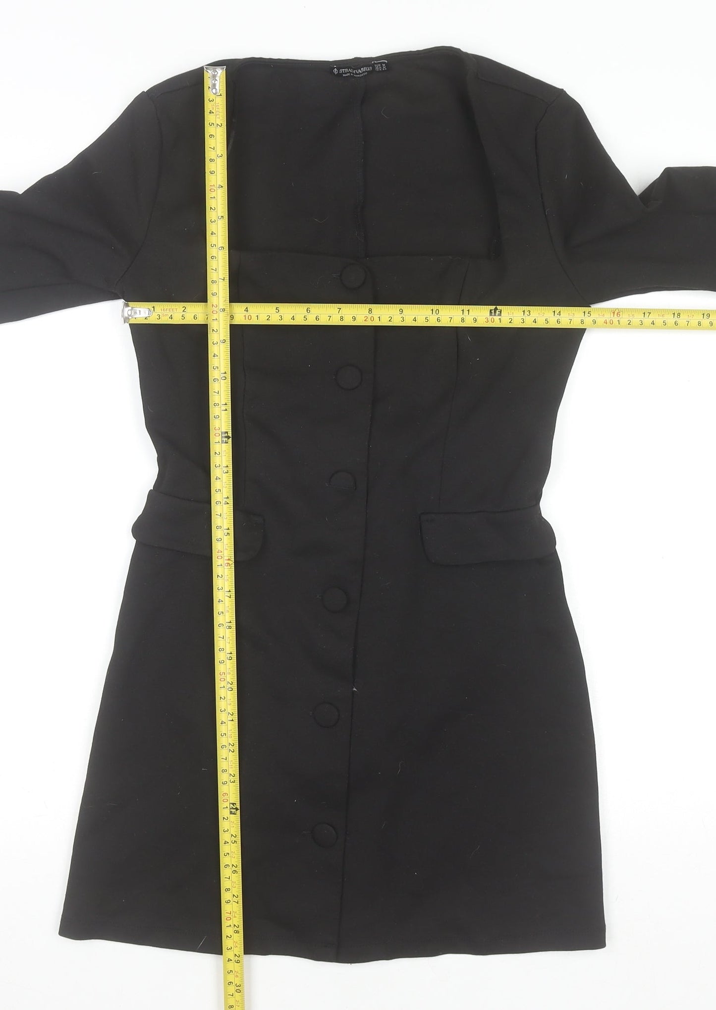 Stradivarius Women Black Shift Dress M Long Sleeve Button Workwear