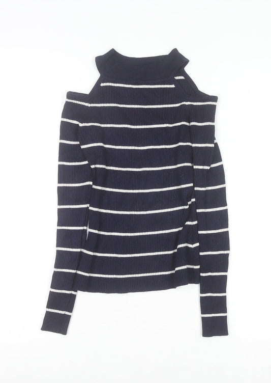New Look Women's Blue Striped Cold Shoulder Knit Jumper Size 8
