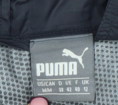 Brand and care label for Puma Women's Black, size 12, Hooded Puffer Jacket Coat