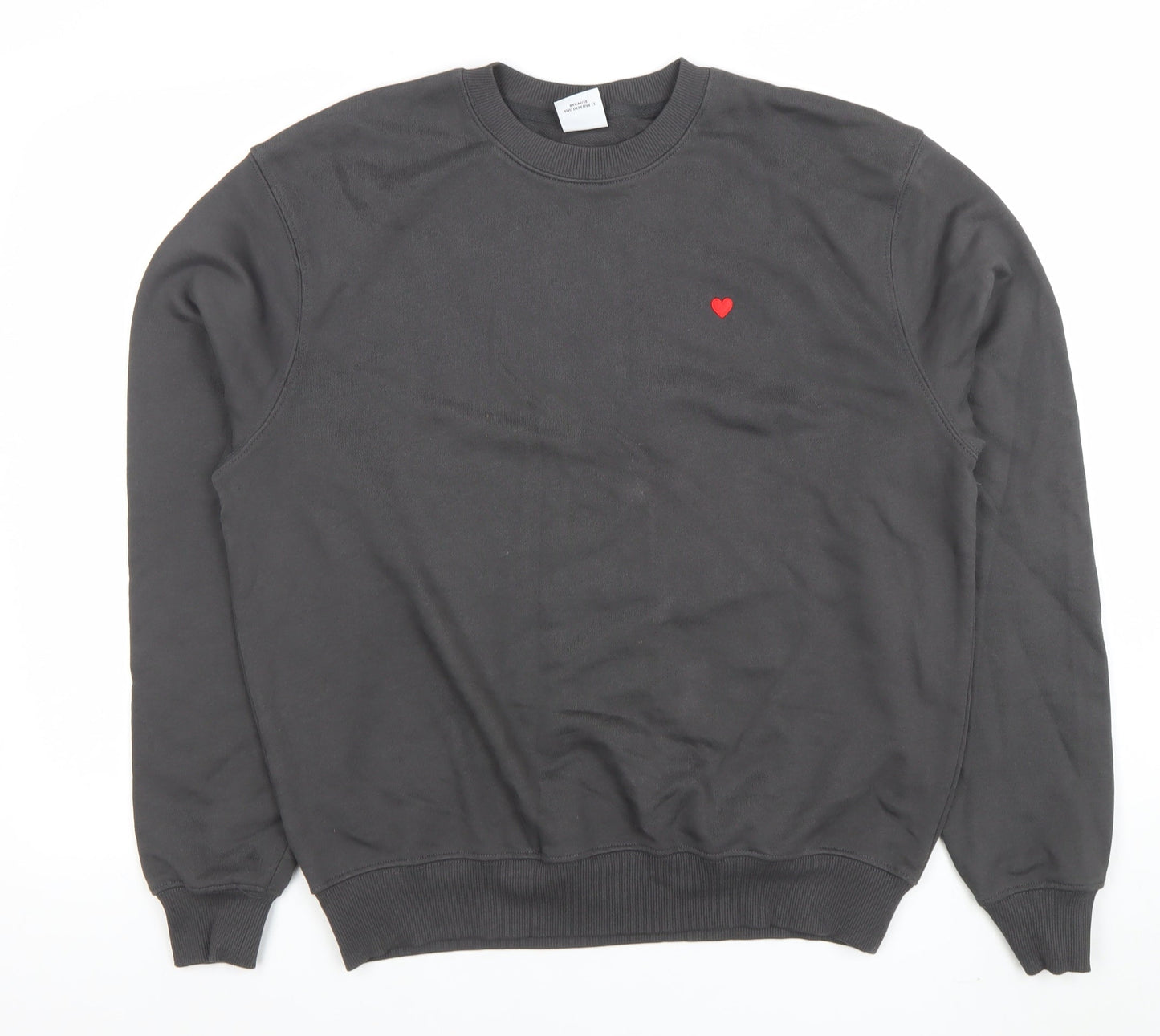 Brsbi Women Black Cotton Pullover Sweatshirt M Heart Embroidered Crew Neck
