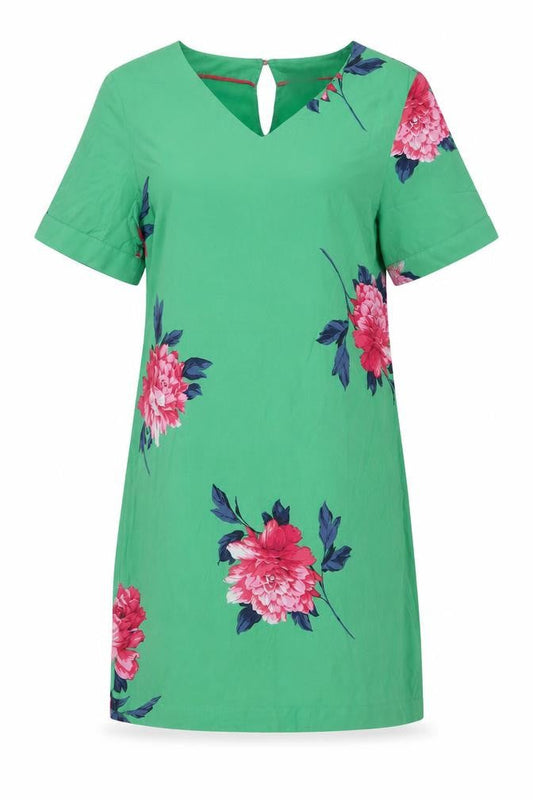 Joules Women Green Floral Shift Dress Size 8 Short Sleeve V-Neck