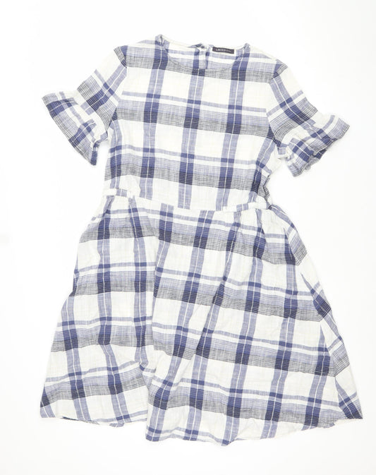 Marks and Spencer Women Blue Check Cotton Short Sleeve Shirt Dress Size 12