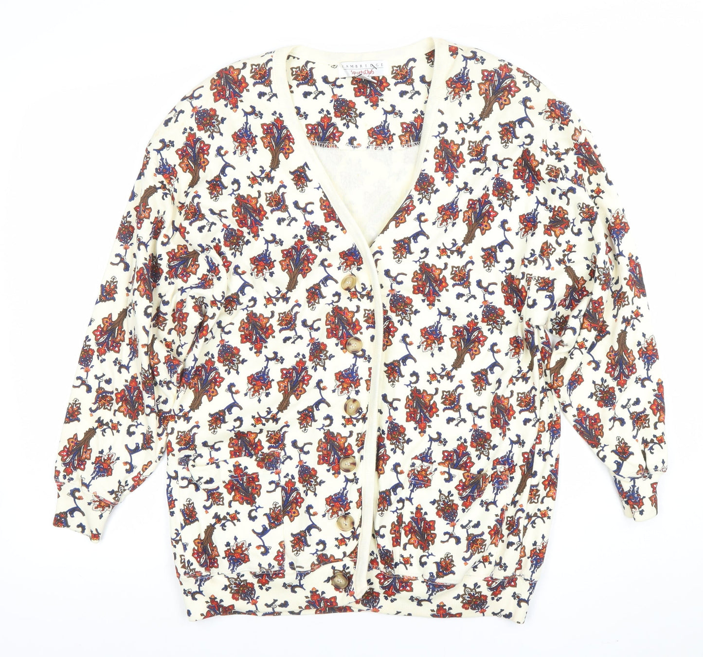 Cambridge Sportsclub Women's Ivory Floral Cotton V-Neck Cardigan M