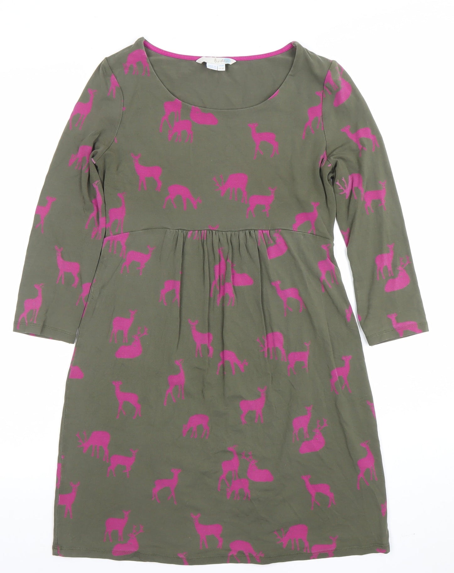 Boden Women Green Pink Deer Print Fit & Flare Jersey Dress Size 10