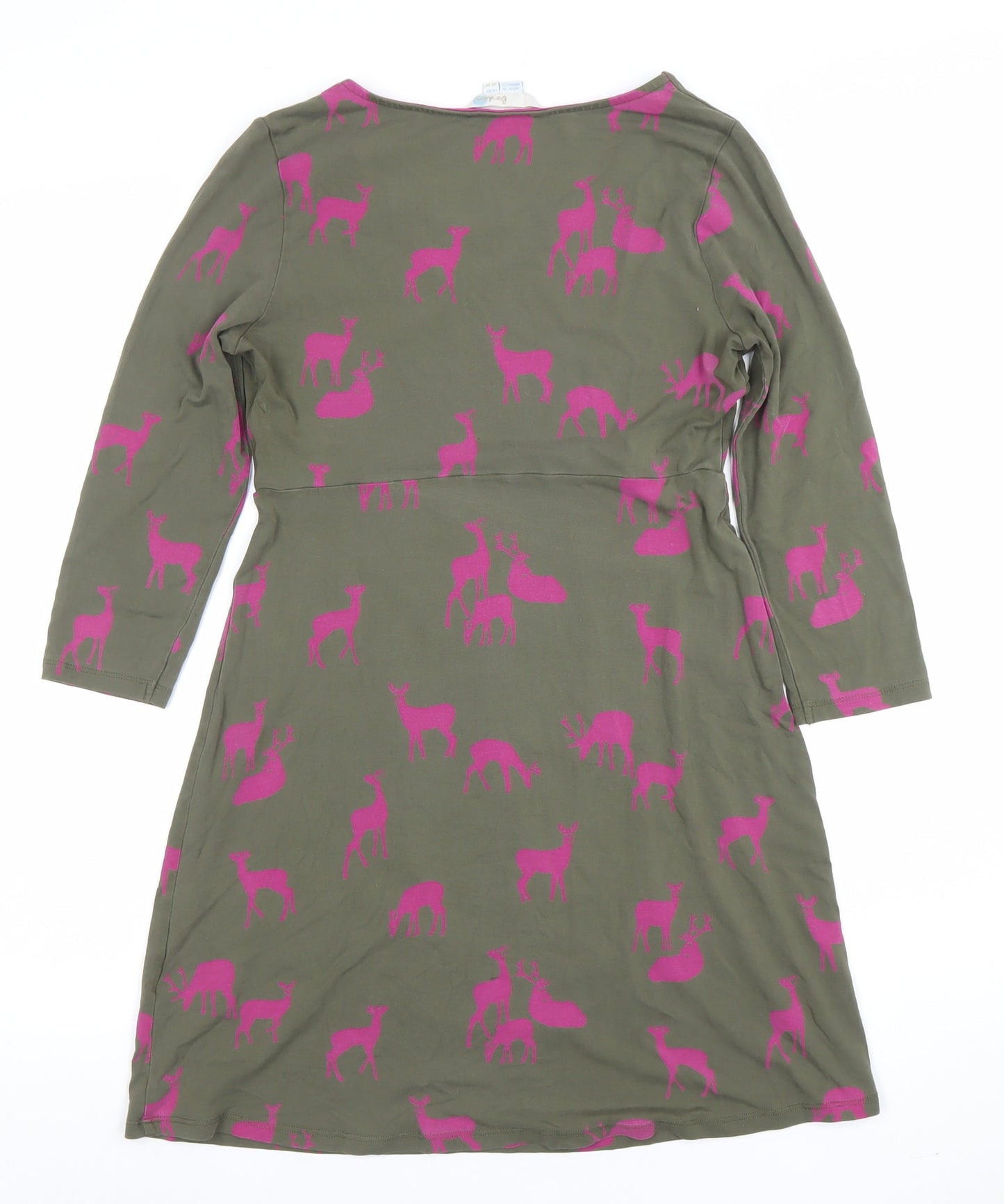 Boden Women Green Pink Deer Print Fit & Flare Jersey Dress Size 10