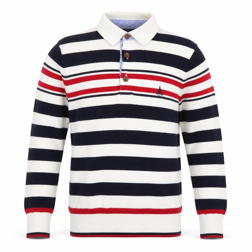 Bean Pole Boys Navy Stripe Collared Henley Jumper Size M Cotton Blend
