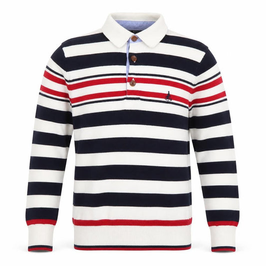 Bean Pole Boys Navy Stripe Collared Henley Jumper Size M Cotton Blend