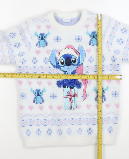 Disney Girls White Stitch Christmas Pullover Jumper 7-8 Years