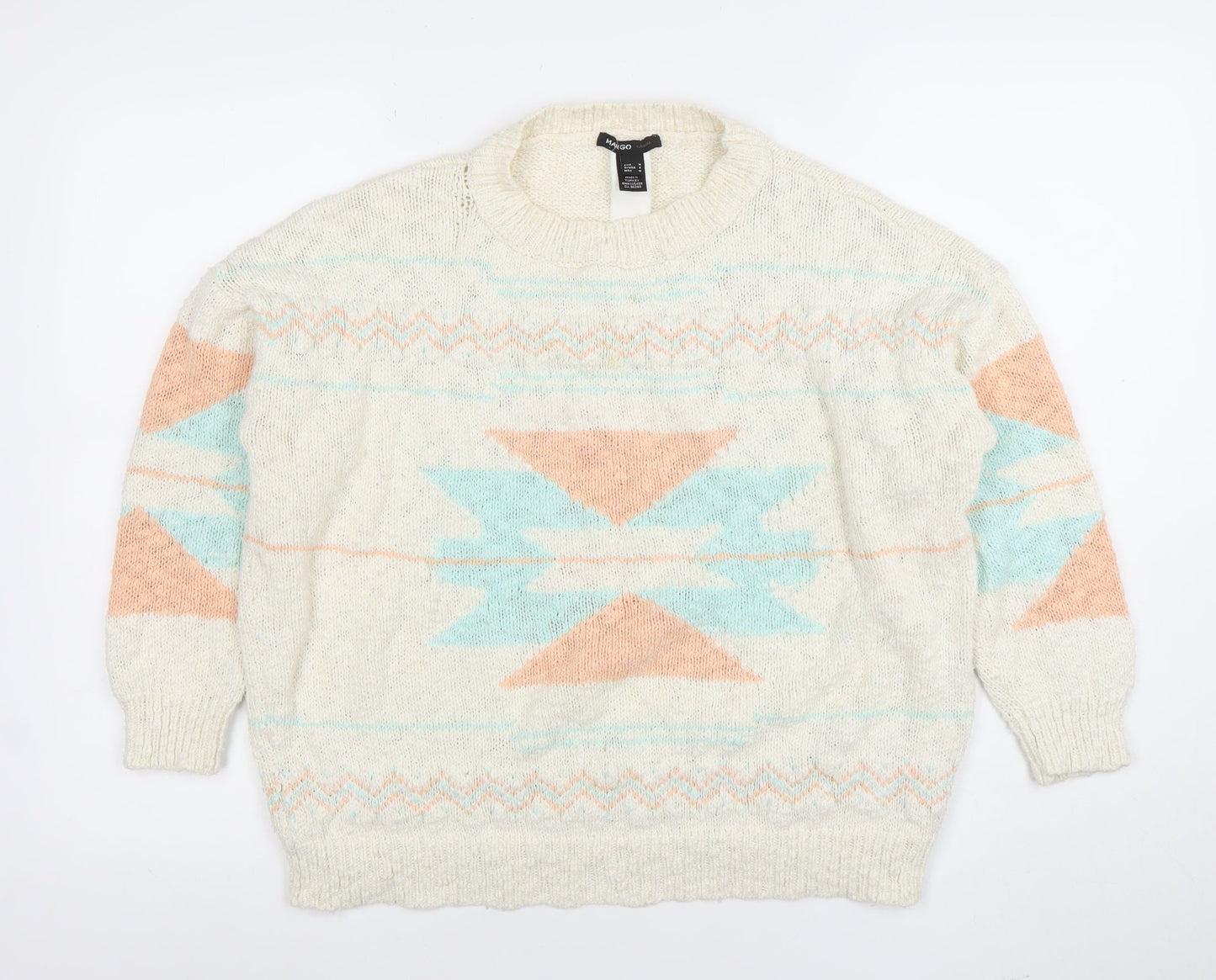 Mango Women Ivory Aztec Knit Wool Blend Pullover Jumper Size 12