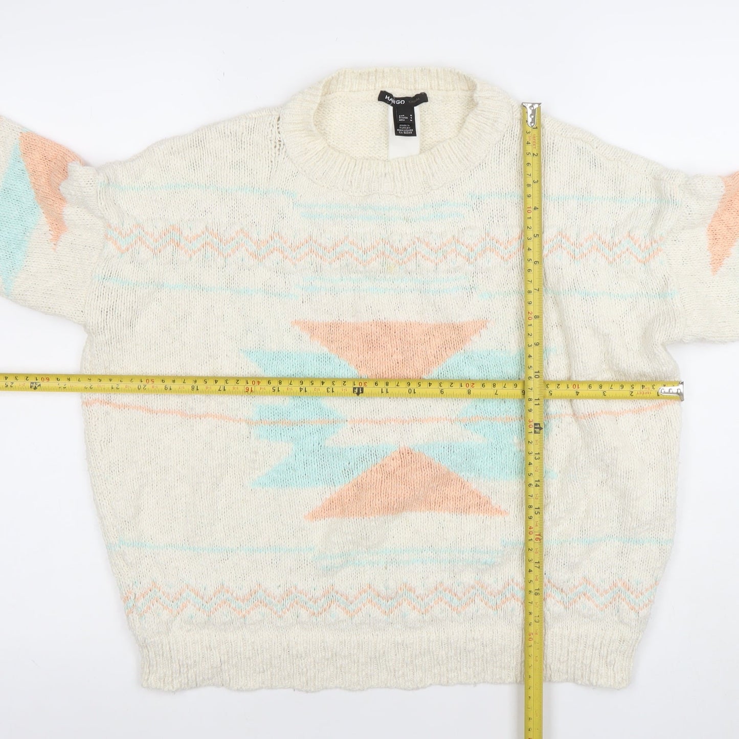 Mango Women Ivory Aztec Knit Wool Blend Pullover Jumper Size 12