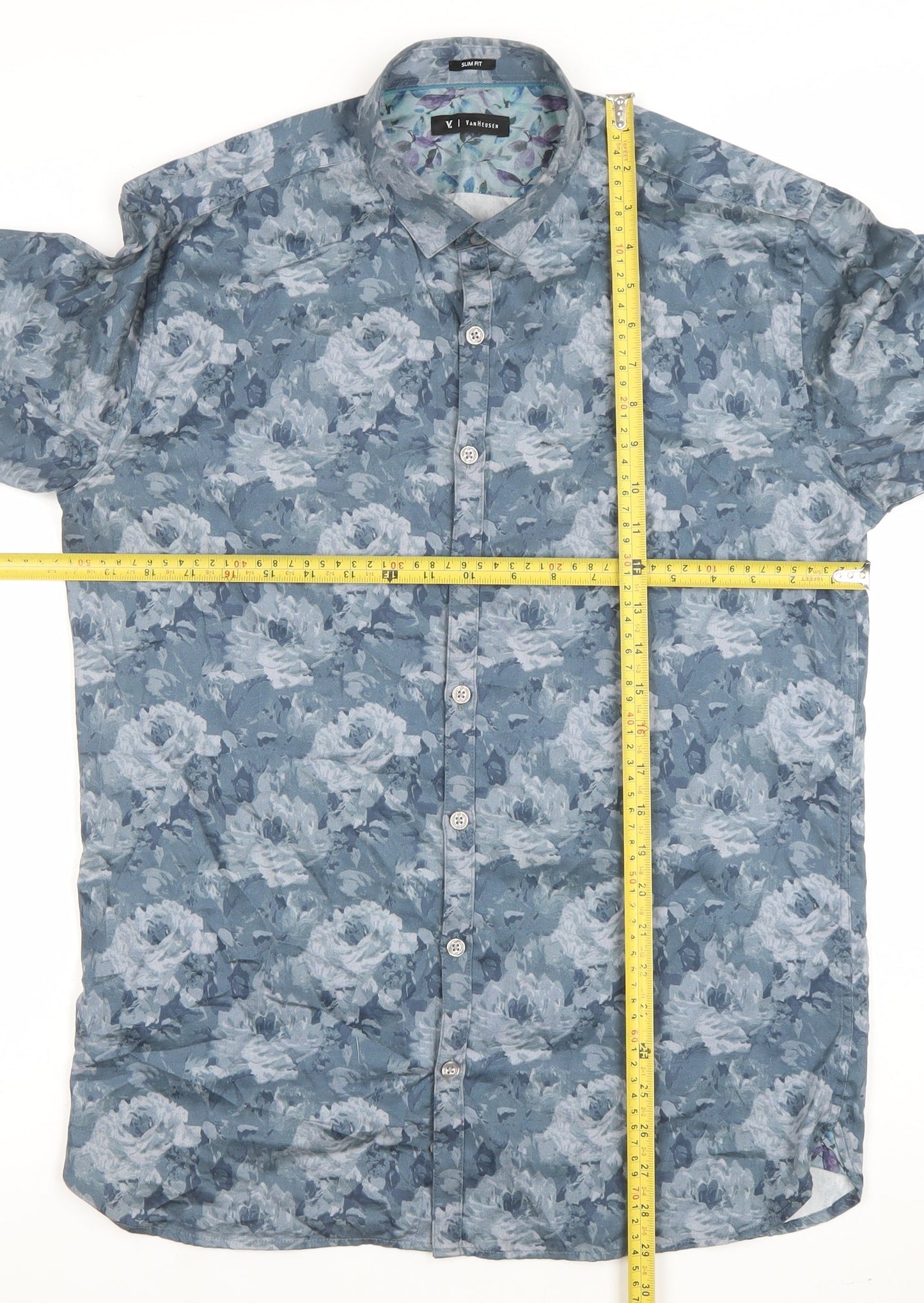 Van Heusen Men Blue Floral Slim Fit Long Sleeve Button-Up Shirt 15.75in 40cm