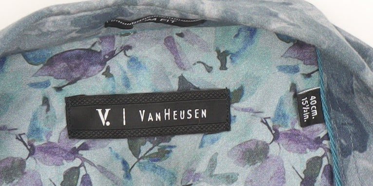 Van Heusen Men Blue Floral Slim Fit Long Sleeve Button-Up Shirt 15.75in 40cm