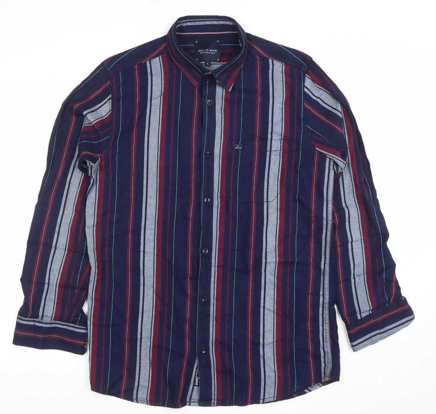 HELLO MAN Men's Blue Striped Long Sleeve Button-Up Cotton Shirt L