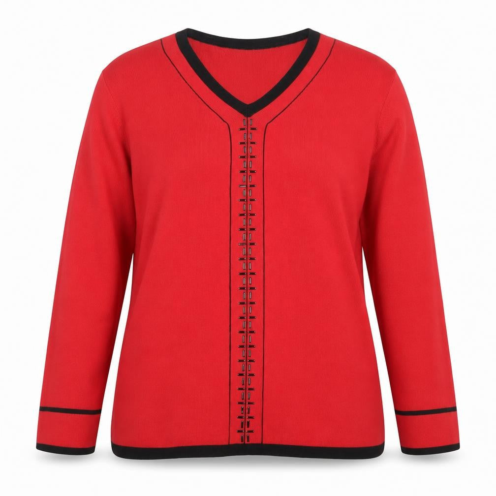 Jan Eva Women Red V-Neck Long Sleeve Pullover Jumper Size 16