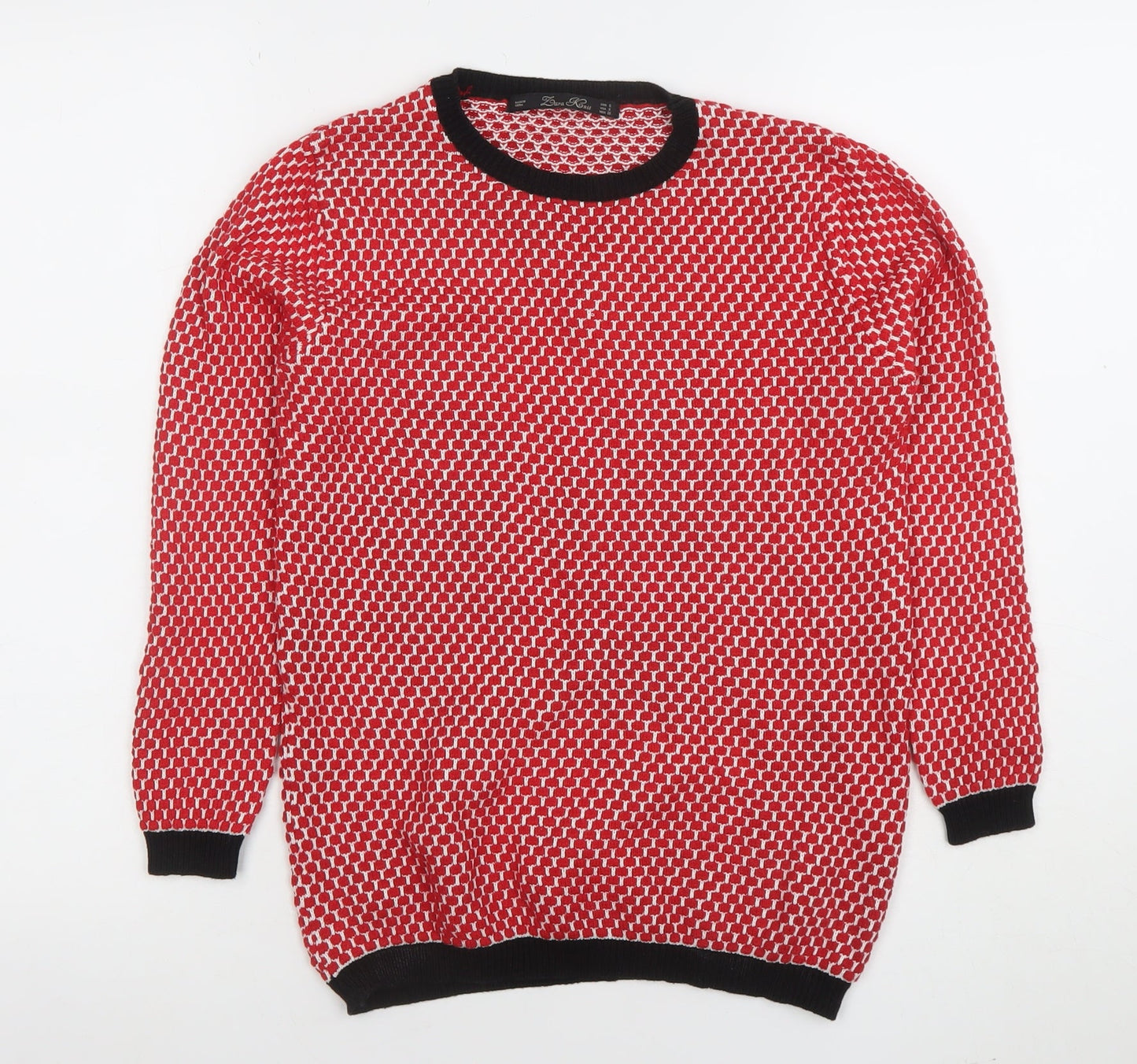 Zara Women Red Geometric Knit Crew Neck Pullover Jumper Size 8