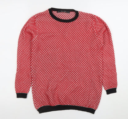 Zara Women Red Geometric Knit Crew Neck Pullover Jumper Size 8