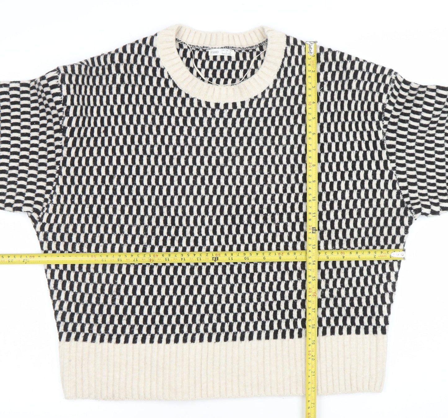 Yisho Women’s Black & White Knit Geometric Crew Neck Jumper Size L