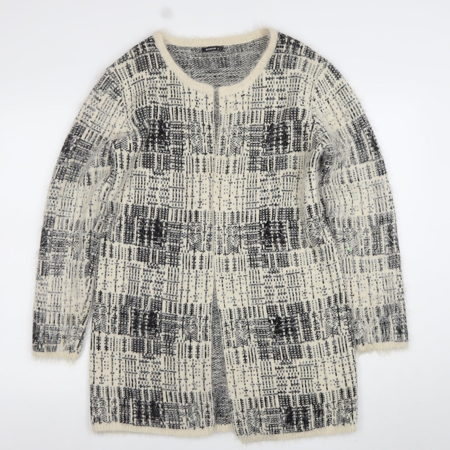 Roman Womens Grey Check Open-Knit Longline Cardigan Size 12