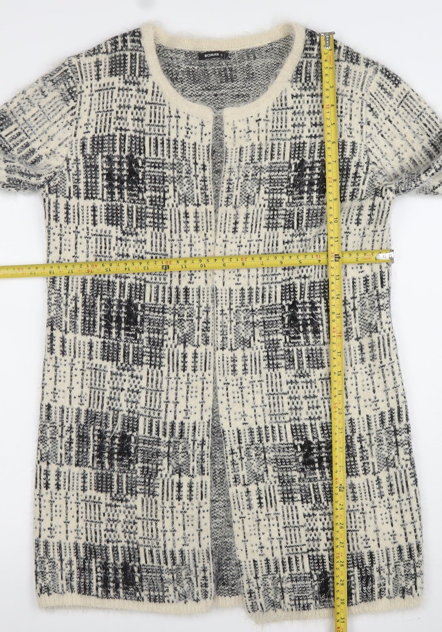 Roman Womens Grey Check Open-Knit Longline Cardigan Size 12