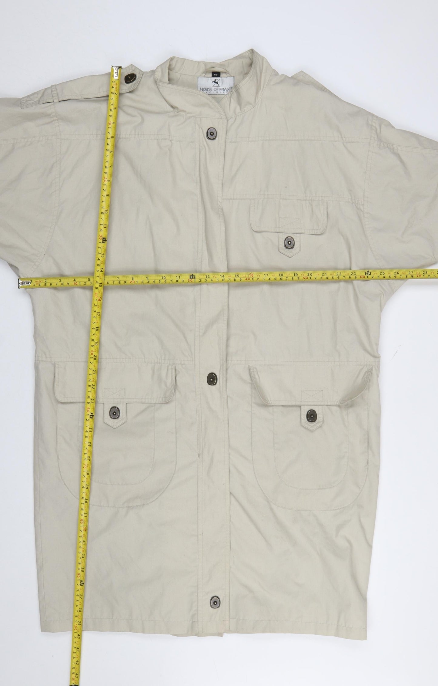 House of Fraser Women Beige Overcoat Size 14 Lined Button Twill Cotton Blend