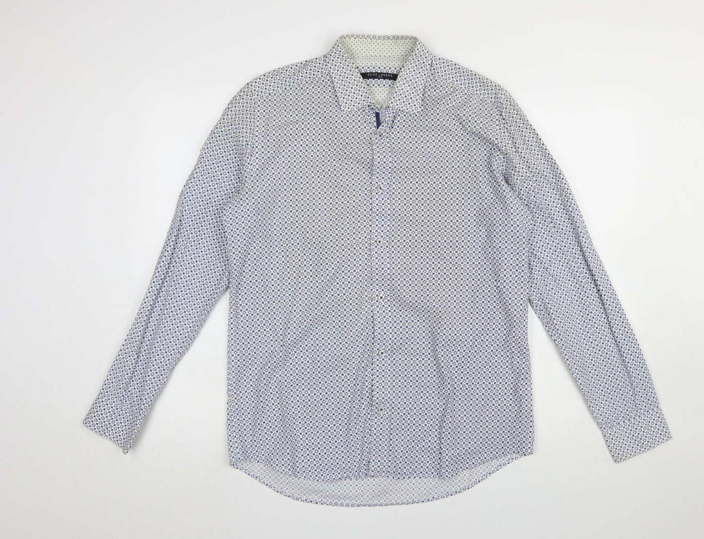 Guide London Men's Blue Geometric Slim Fit Long Sleeve Cotton Shirt Size L