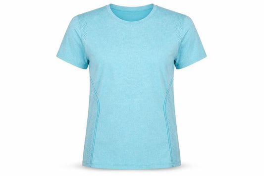Front view of Dunnes women’s blue athletic t-shirt, size UK 12, short sleeve