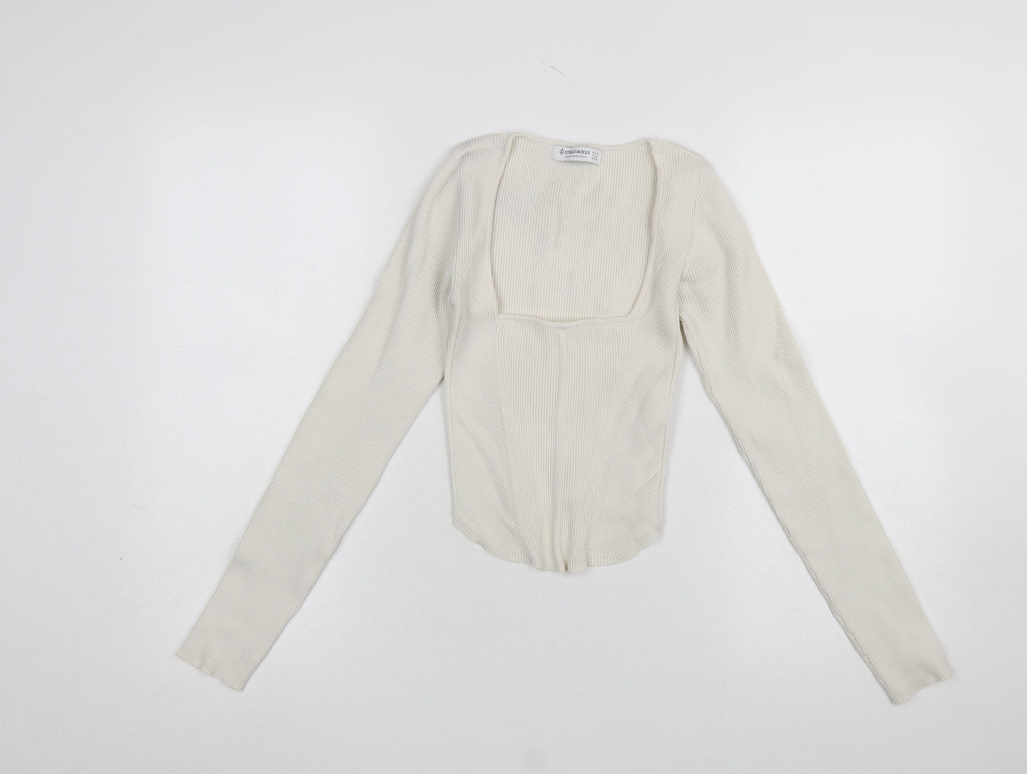 Stradivarius Women’s Ivory Long Sleeve Cropped Knit Blouse Size S
