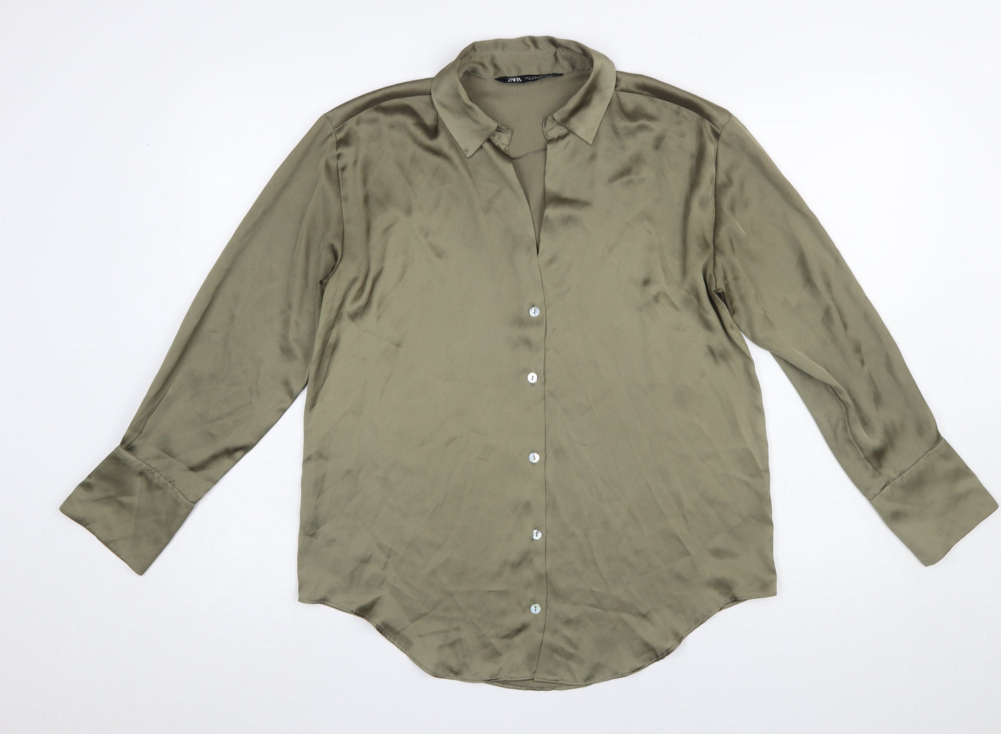 Zara Women Green Satin Button-Up Collared Shirt Size S