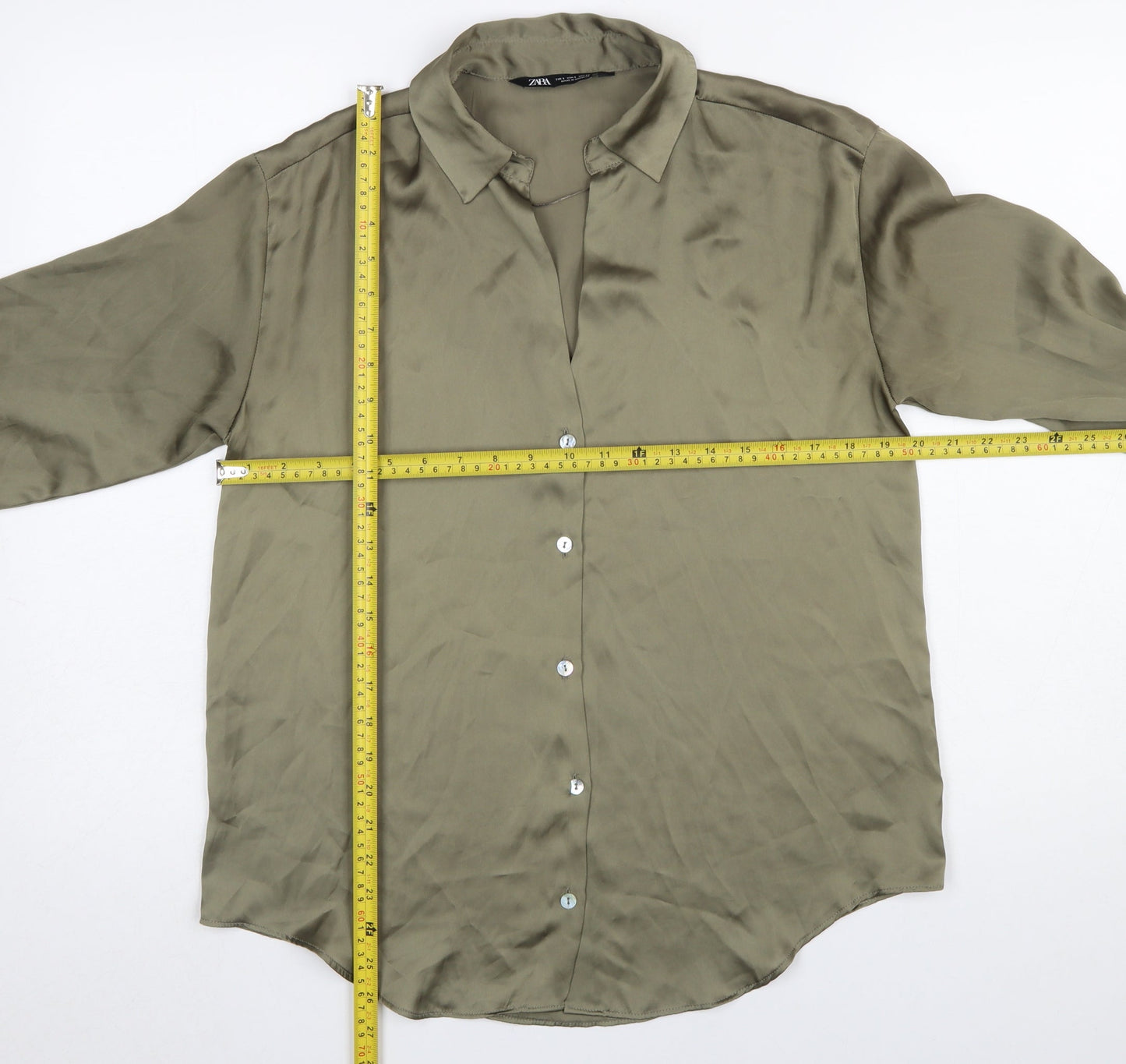 Zara Women Green Satin Button-Up Collared Shirt Size S
