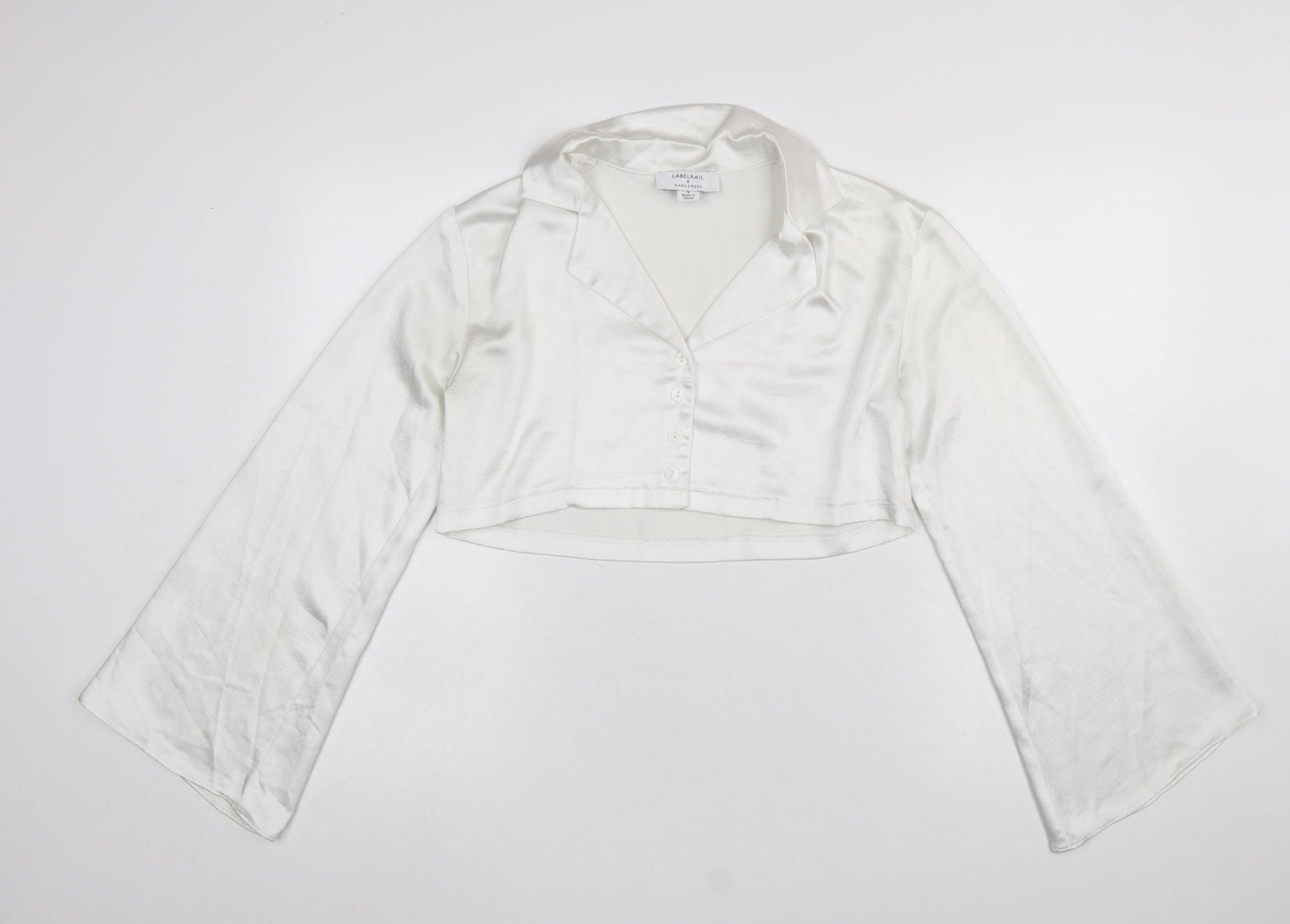 Labelrail Women’s White Cropped Satin Blouse UK 8 Long Sleeve Classic