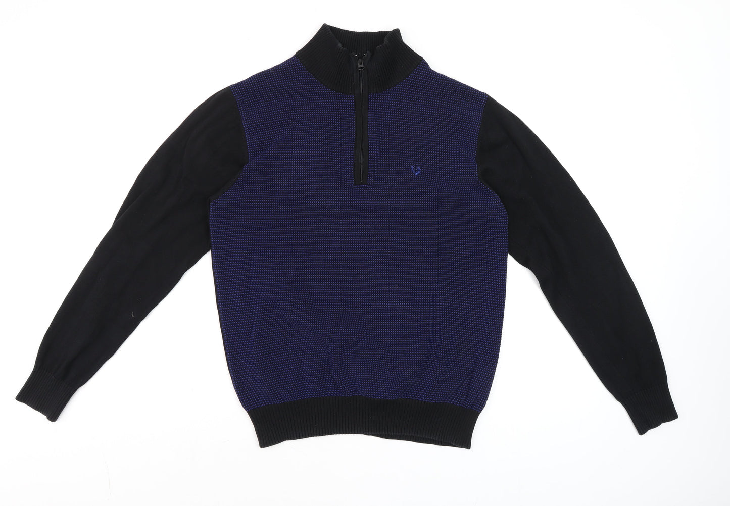 Allen Solly Men Blue Black Cotton Half Zip High Neck Jumper M