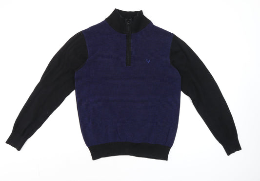 Allen Solly Men Blue Black Cotton Half Zip High Neck Jumper M