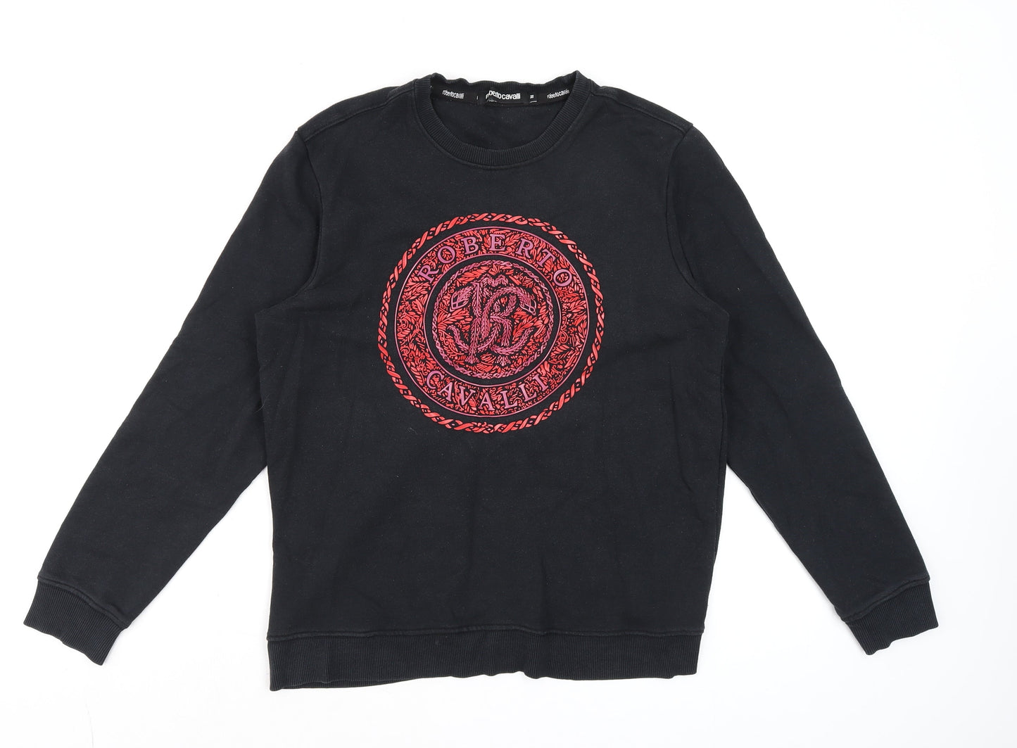 Roberto Cavalli Womens Black Red Logo Sweatshirt Size M Cotton Crew Neck