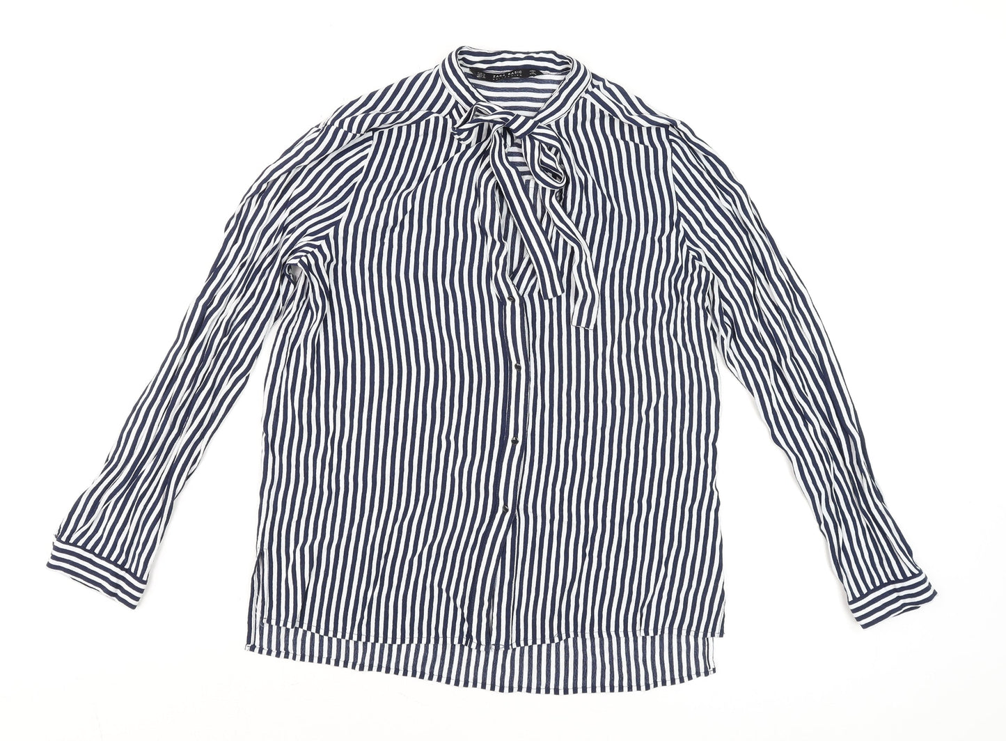 Zara Men Blue Striped Cotton Long Sleeve Button-Up Shirt M