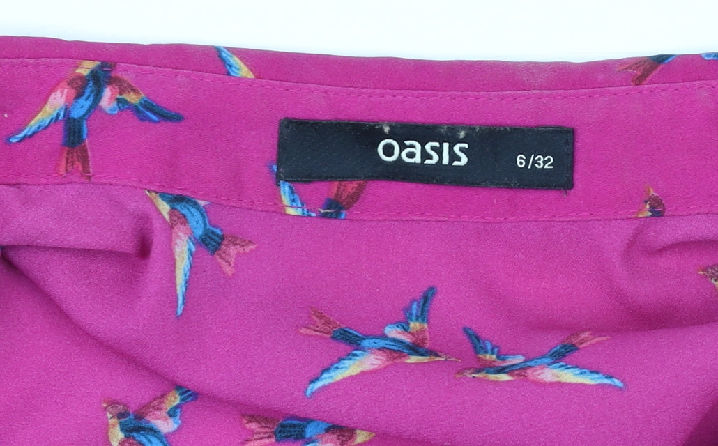 Oasis Women's Pink Bird Print Long Sleeve Button Blouse Size 6