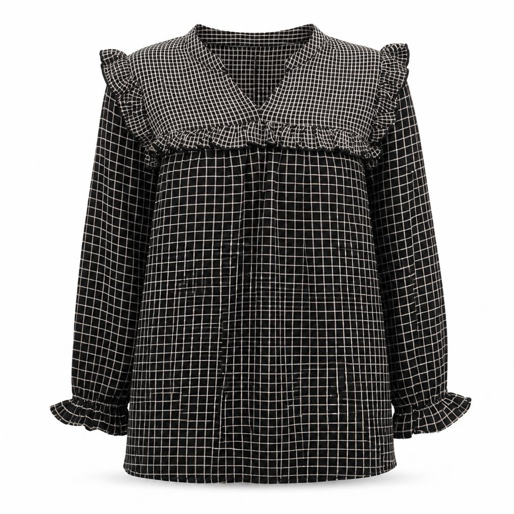 JDY Womens Black Check Ruffle Long Sleeve Tunic Blouse Size 12
