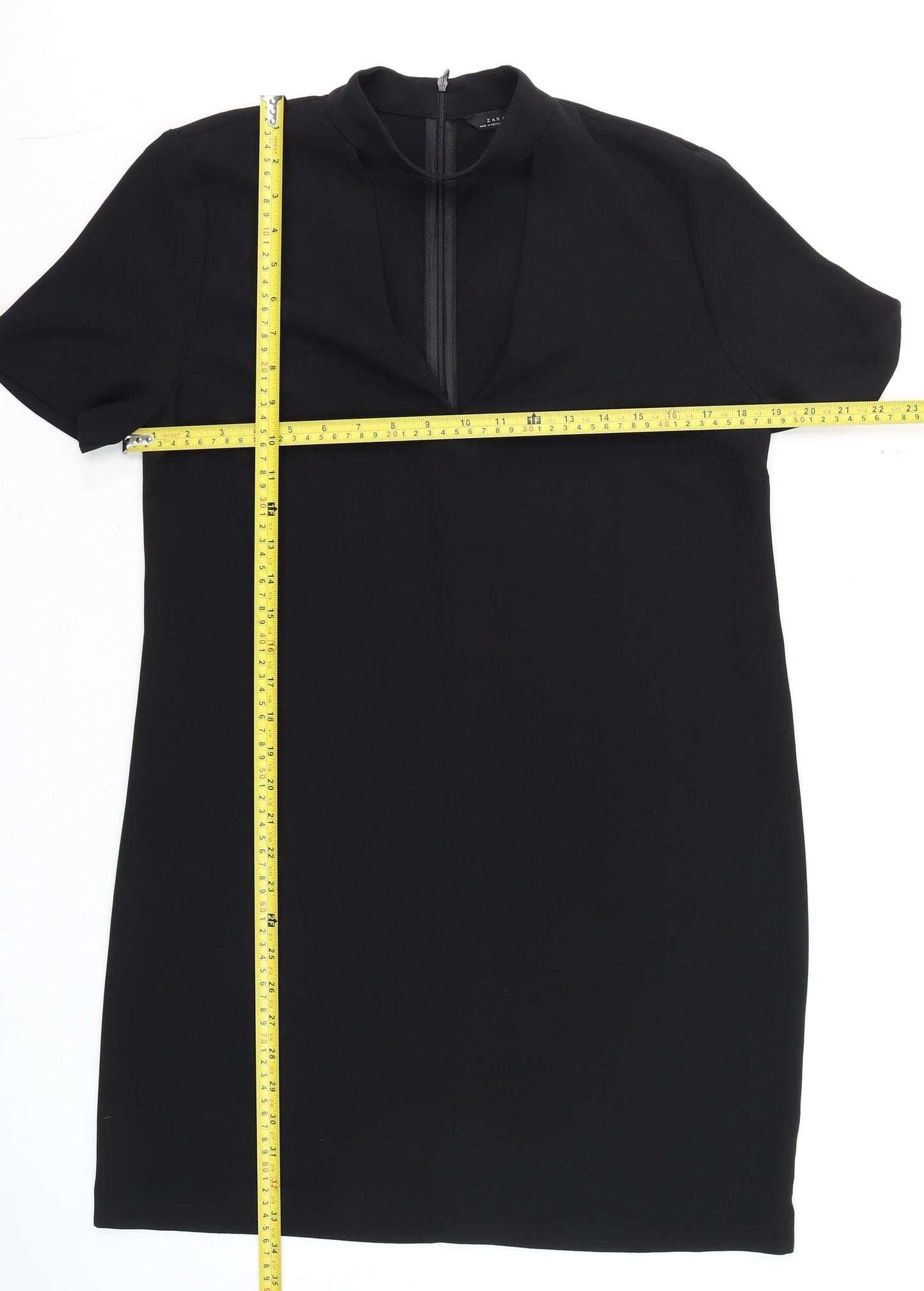 Zara Women Black Short Sleeve V-Neck Shift Dress Size 12