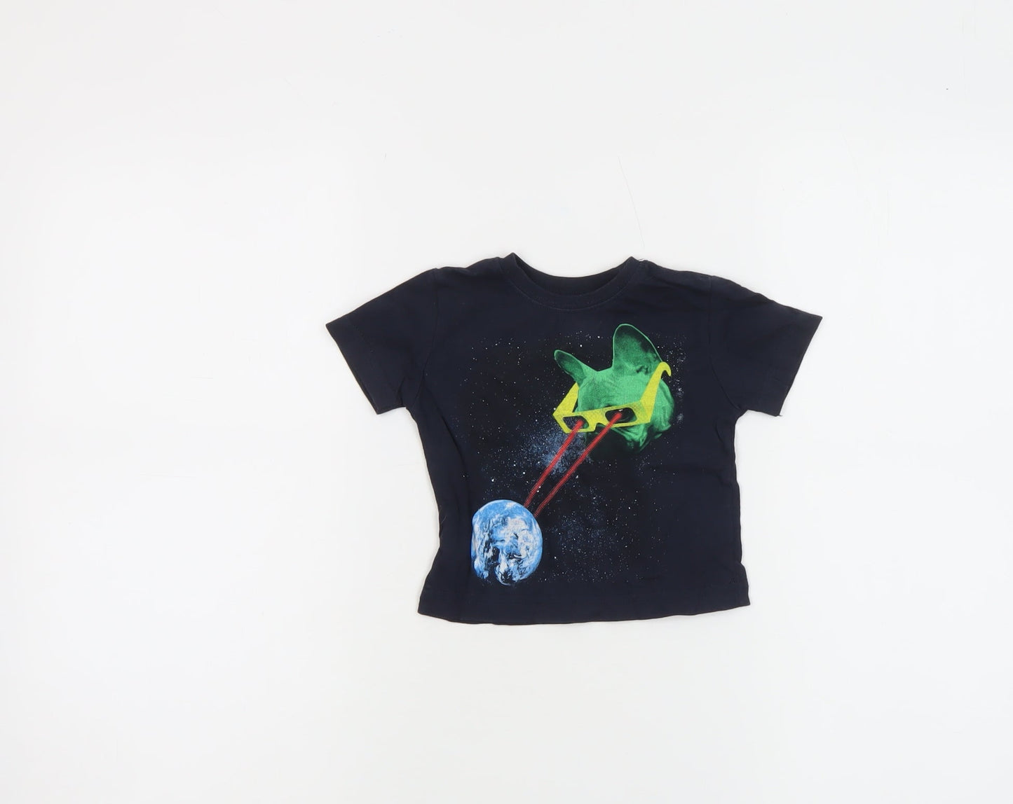 Little Lads Boys Black Space Cat Graphic Short Sleeve Cotton T-Shirt 18-24M